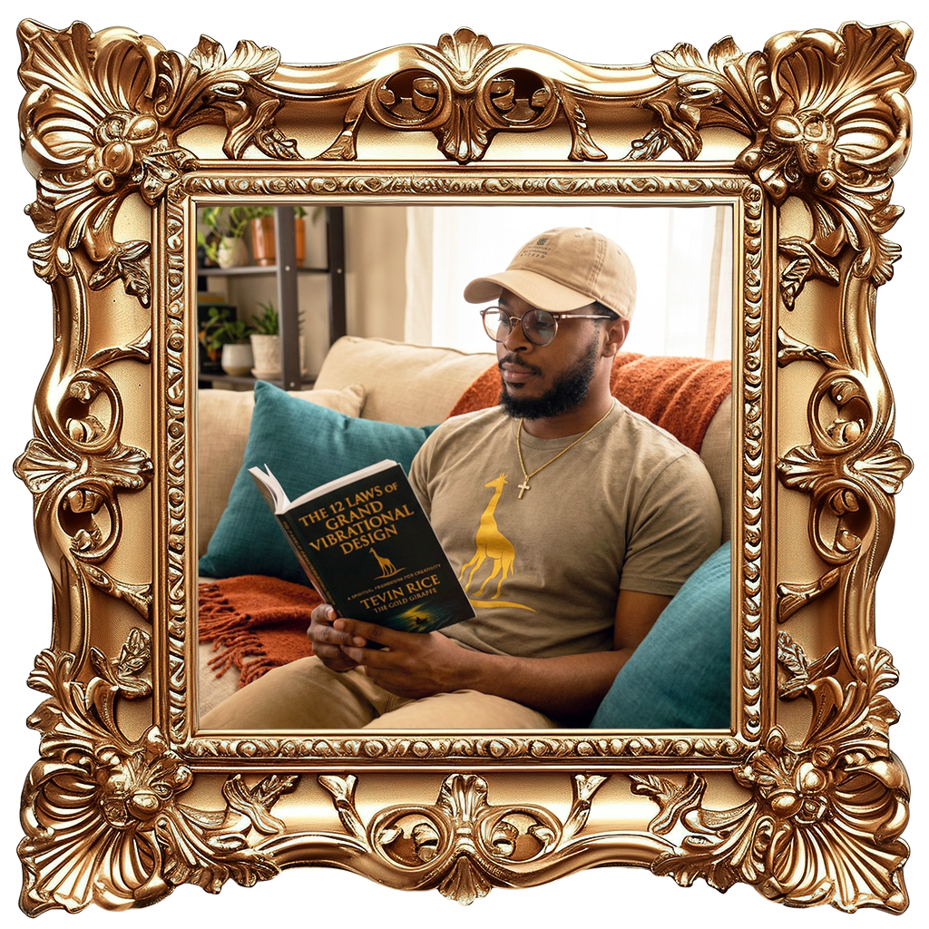 Person sitting on a couch reading 'The 12 Laws of Grand Vibrational Design' book, surrounded by decorative pillows and a cozy living room setting.